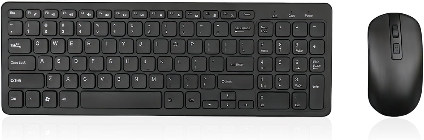 Ensemble clavier et souris sans fil ultra-fin pour bureau | Nano récepteur 2 en 1, 12 touches de raccourci multimédia, pavé numérique, 3 niveaux de DPI | Compatible avec Windows/Mac – Noir