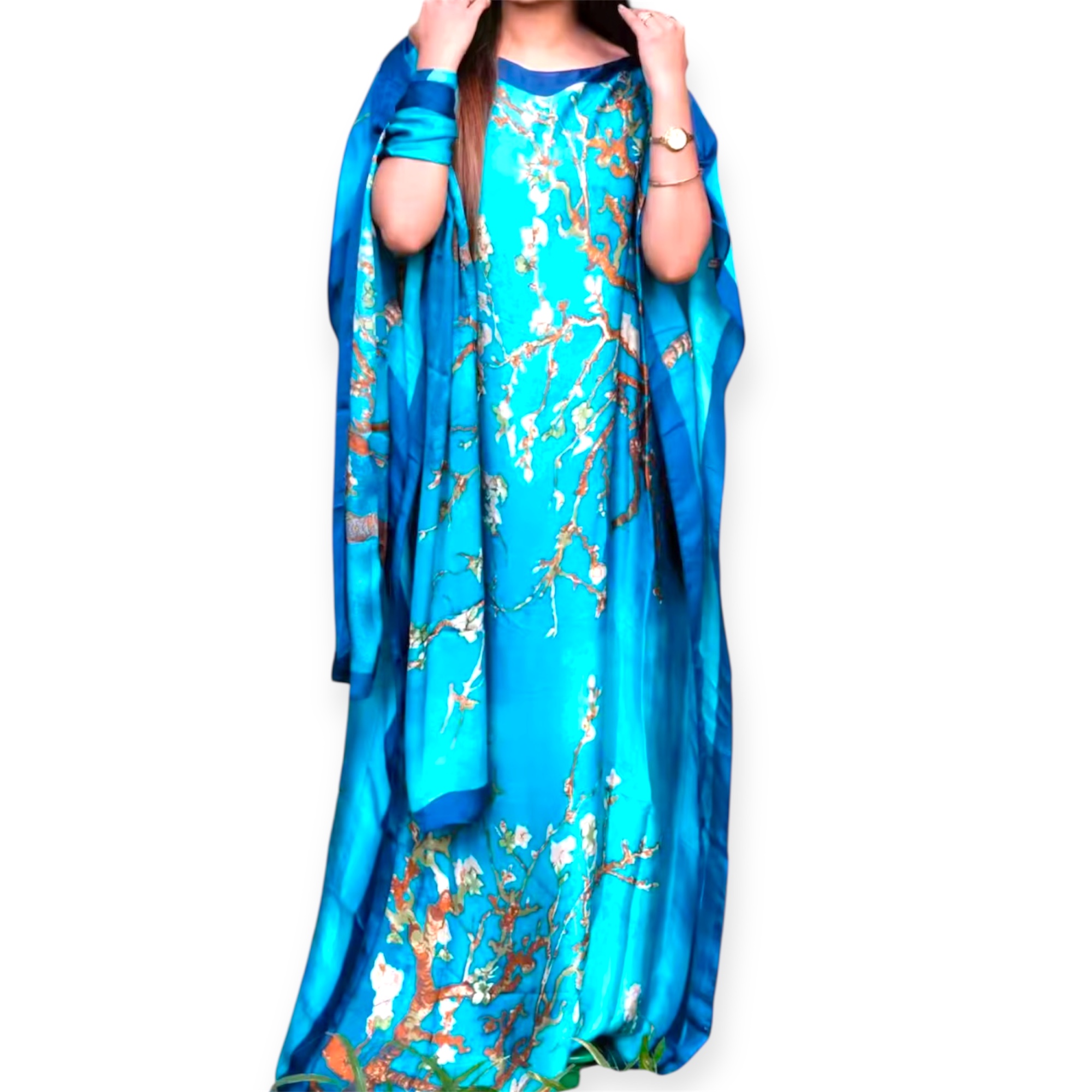 Elegant Blue Floral Kaftan Dress