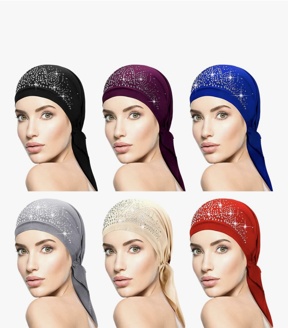 6 Pack Multicolor Rhinestone-Embellished Turban Scarves