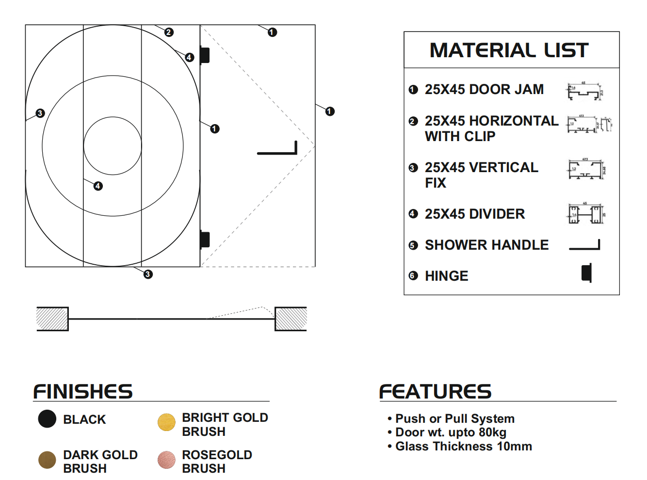 1+1 Shower Partition with Hinges