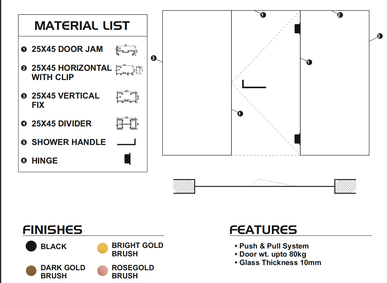 2+1 Shower Partition with Hinges.