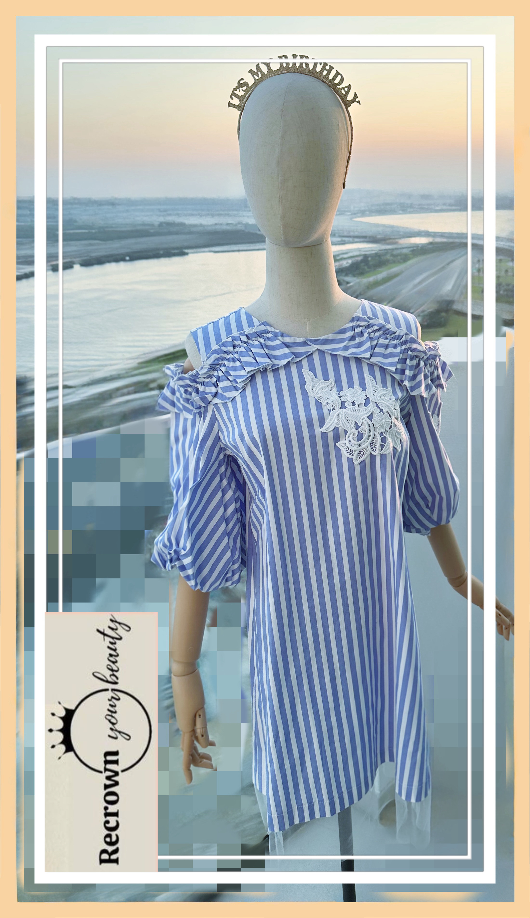 Blue and White Striped Ruffle Dress