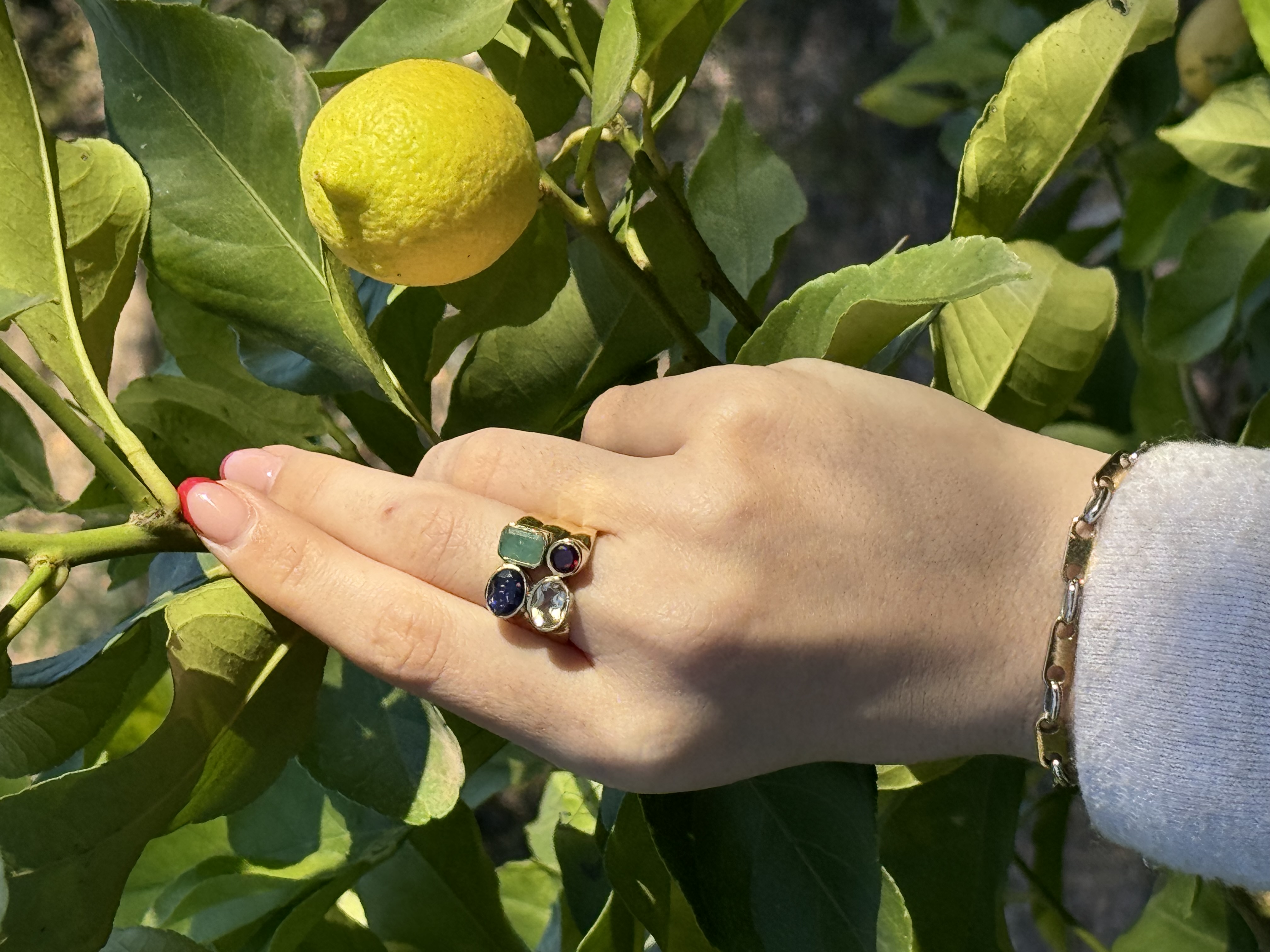 FOUR CORNERS : multi gemstone shape & brass ring 