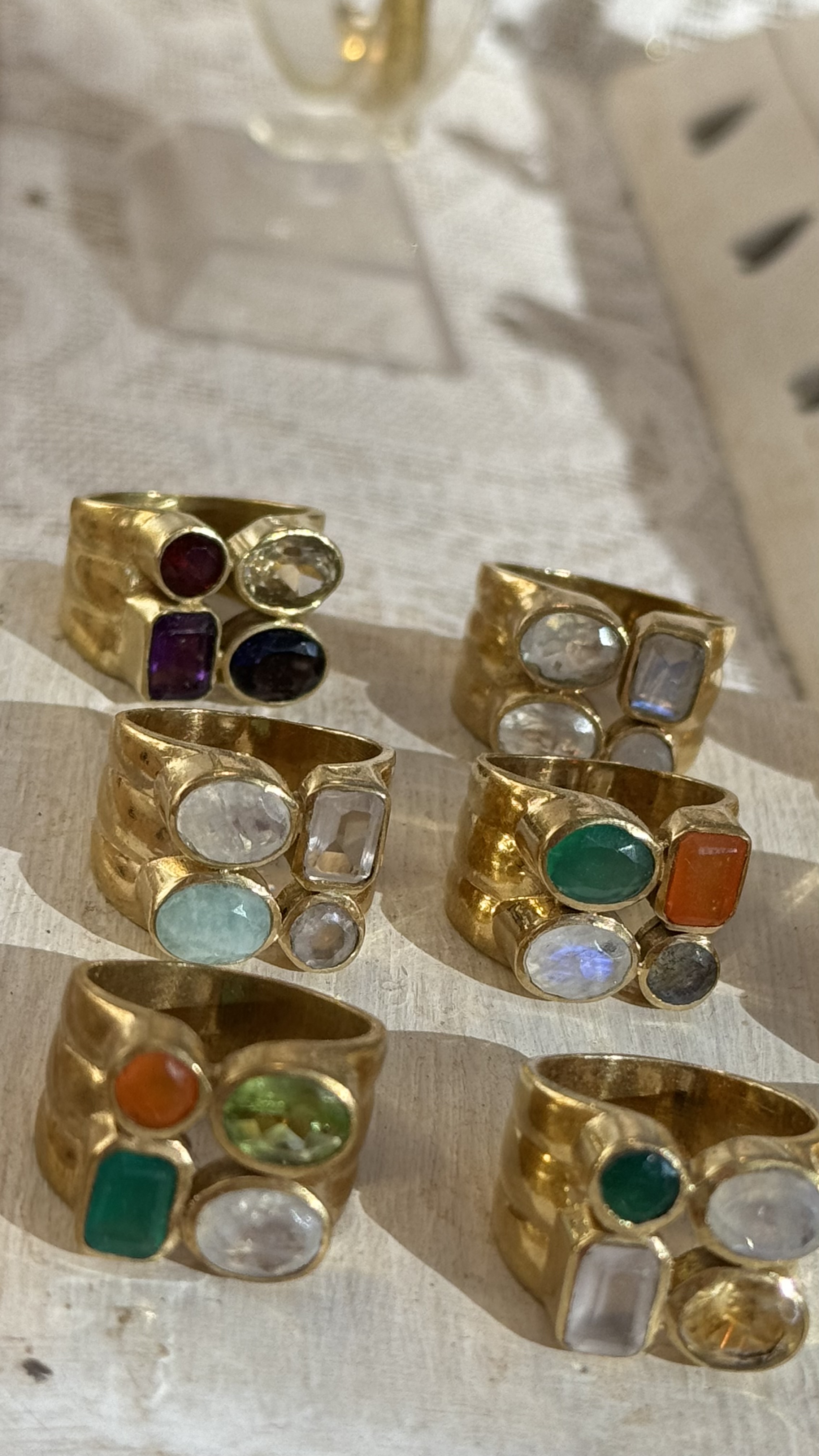 FOUR CORNERS : multi gemstone shape & brass ring 