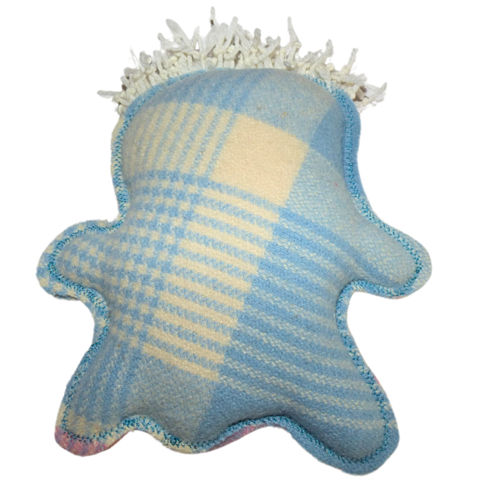 Cuddle Monster, pink & blue medium with fluffy white hair