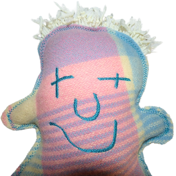 Cuddle Monster, pink & blue medium with fluffy white hair