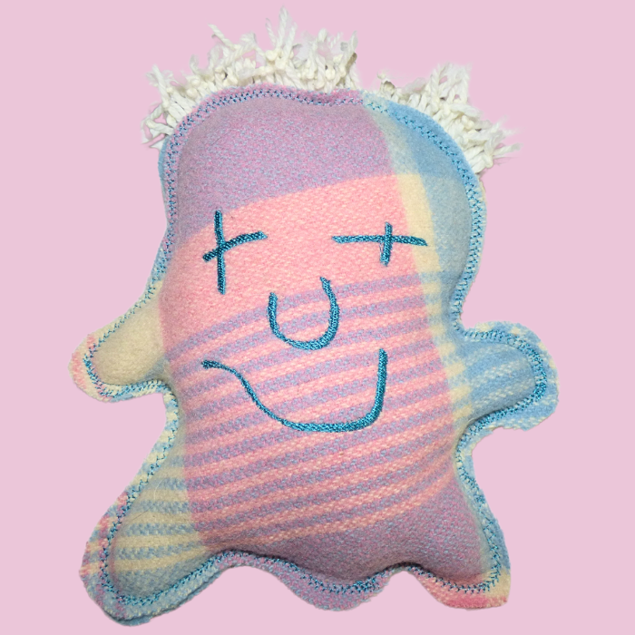 Cuddle Monster, pink & blue medium with fluffy white hair
