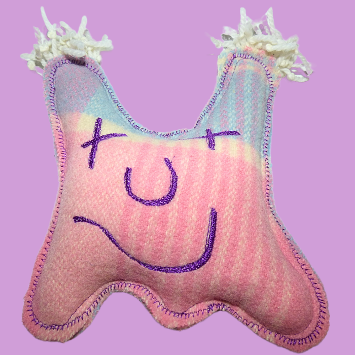 Cuddle Monster, small pink & blue with white fluffy hair