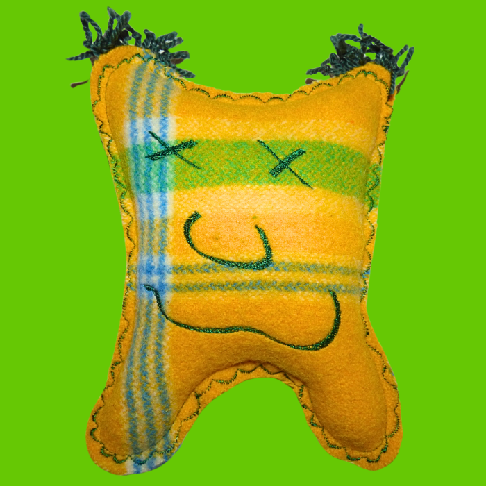 Cuddle Monster, blue, yellow & green medium with fluffy green hair