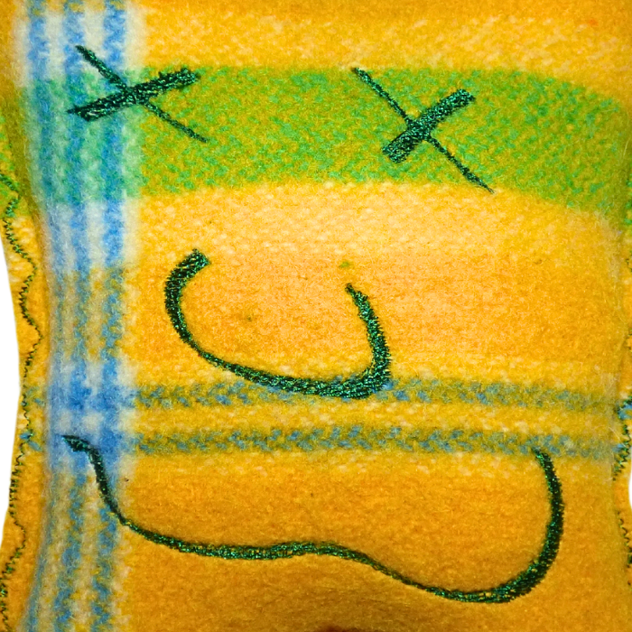 Cuddle Monster, blue, yellow & green medium with fluffy green hair