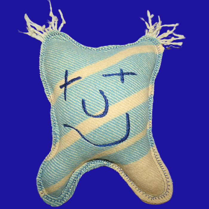 Cuddle Monster, blue stripe medium with fluffy white hair