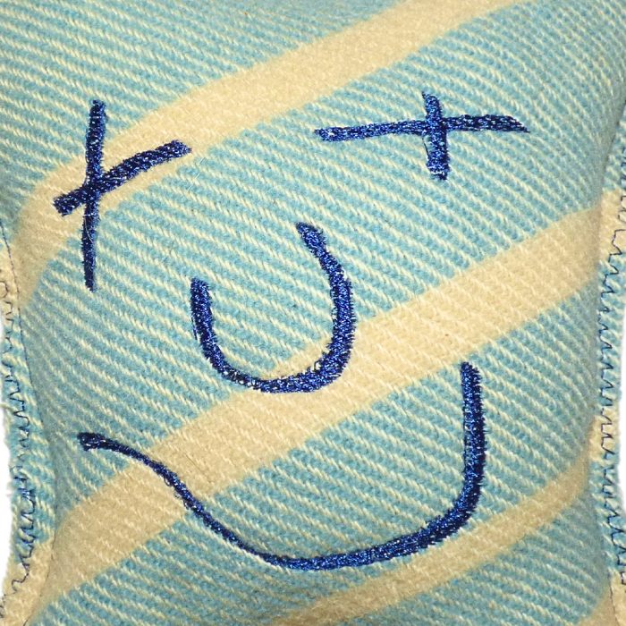 Cuddle Monster, blue stripe medium with fluffy white hair