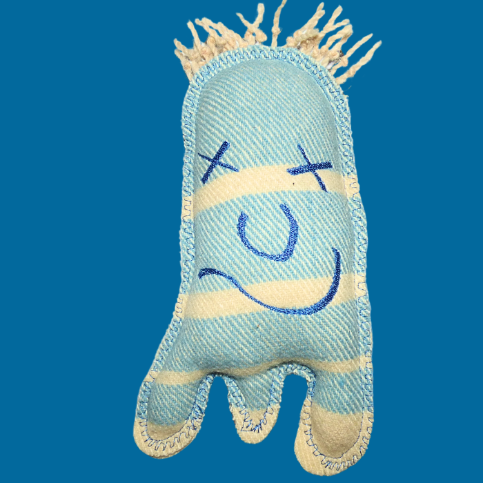 Cuddle Monster, small  blue stipe with cream fluffy hair
