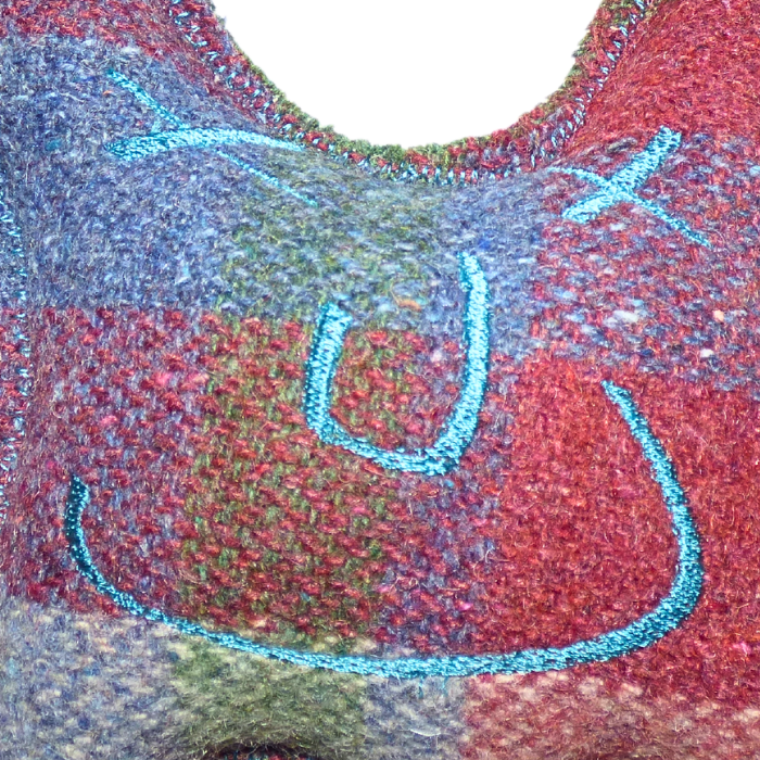 Cuddle Monster, small blue & red with cream fluffy hair