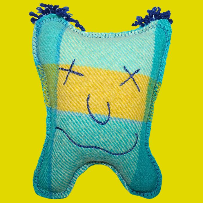 Cuddle Monster, blue & yellow medium with fluffy blue hair