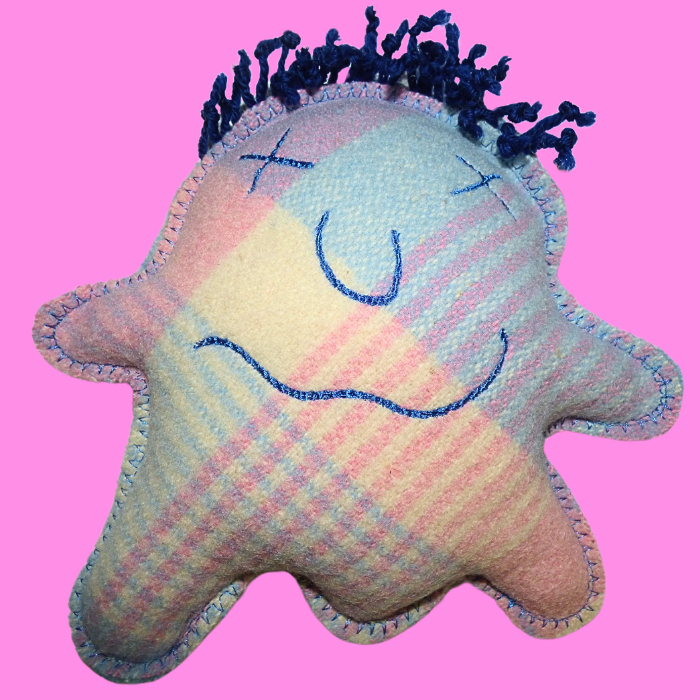 Cuddle Monster, medium blue, pink & cream with blue fluffy hair