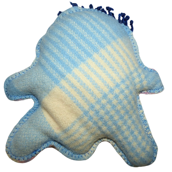 Cuddle Monster, medium blue, pink & cream with blue fluffy hair