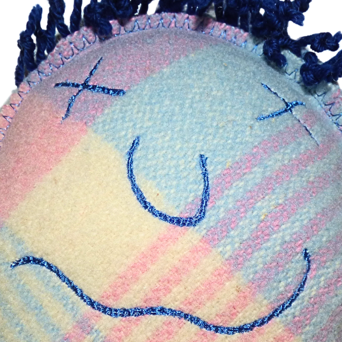 Cuddle Monster, medium blue, pink & cream with blue fluffy hair