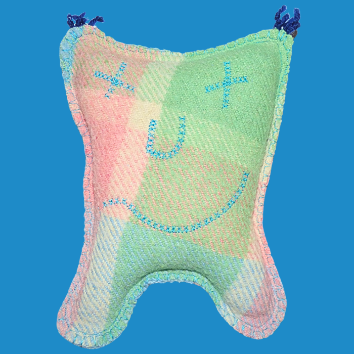 Cuddle Monster, multi-coloured medium with fluffy blue hair