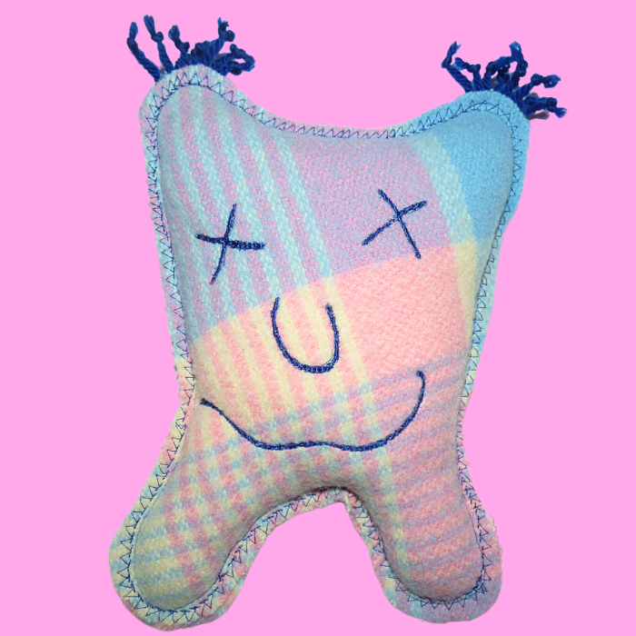 Cuddle Monster, pink & blue medium with blue fluffy hair