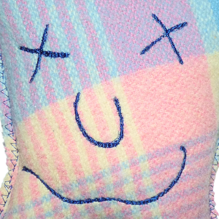 Cuddle Monster, pink & blue medium with blue fluffy hair