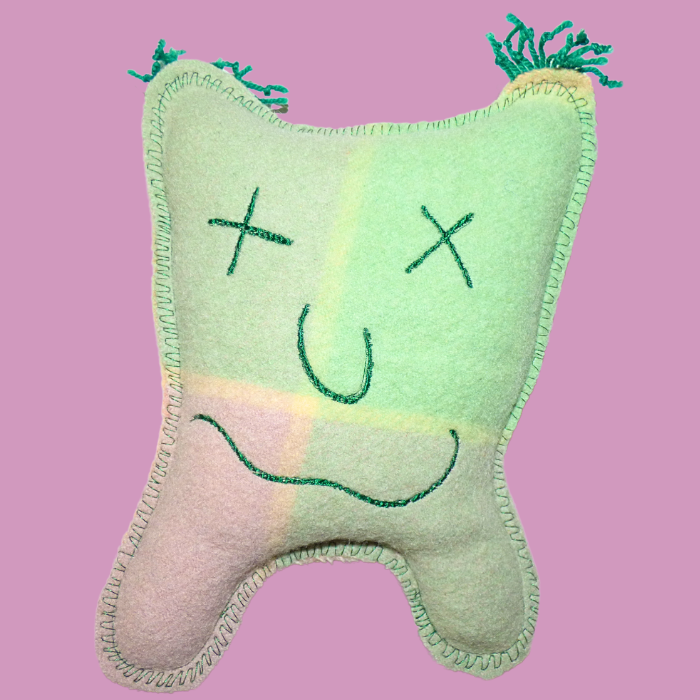 Cuddle Monster, multi-coloured medium with green fluffy hair