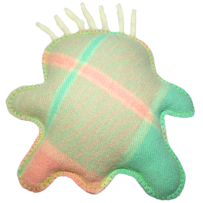 Cuddle Monster, medium green, purple & blue with spiky hair