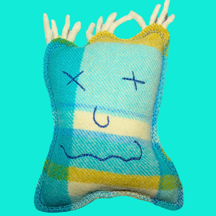 Cuddle Monster, blue, yellow & cream medium with white spiky hair