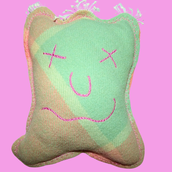 Cuddle Monster, pink & green medium with white fluffy hair