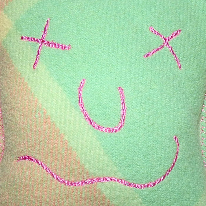 Cuddle Monster, pink & green medium with white fluffy hair