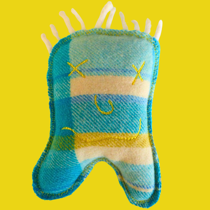 Cuddle Monster, Medium blue, yellow & cream with white spiky hair