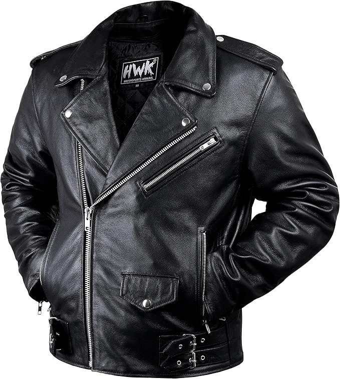 HWK Brando Leather Motorcycle Jacket for Men, Ultra Comfy Vintage Style Genuine Black Leather Jacket with CE Armor and Thermal Lining, Water Resistant Biker Jacket for All-Weather Riding - X-Large (Casual)