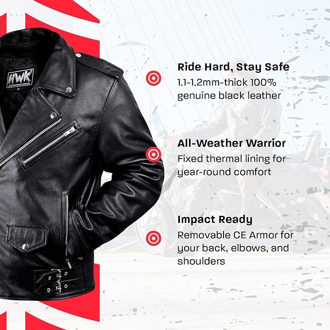 HWK Brando Leather Motorcycle Jacket for Men, Ultra Comfy Vintage Style Genuine Black Leather Jacket with CE Armor and Thermal Lining, Water Resistant Biker Jacket for All-Weather Riding - X-Large (Casual)