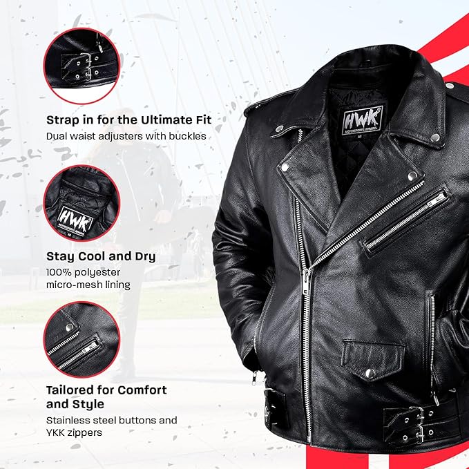 HWK Brando Leather Motorcycle Jacket for Men, Ultra Comfy Vintage Style Genuine Black Leather Jacket with CE Armor and Thermal Lining, Water Resistant Biker Jacket for All-Weather Riding - X-Large (Casual)