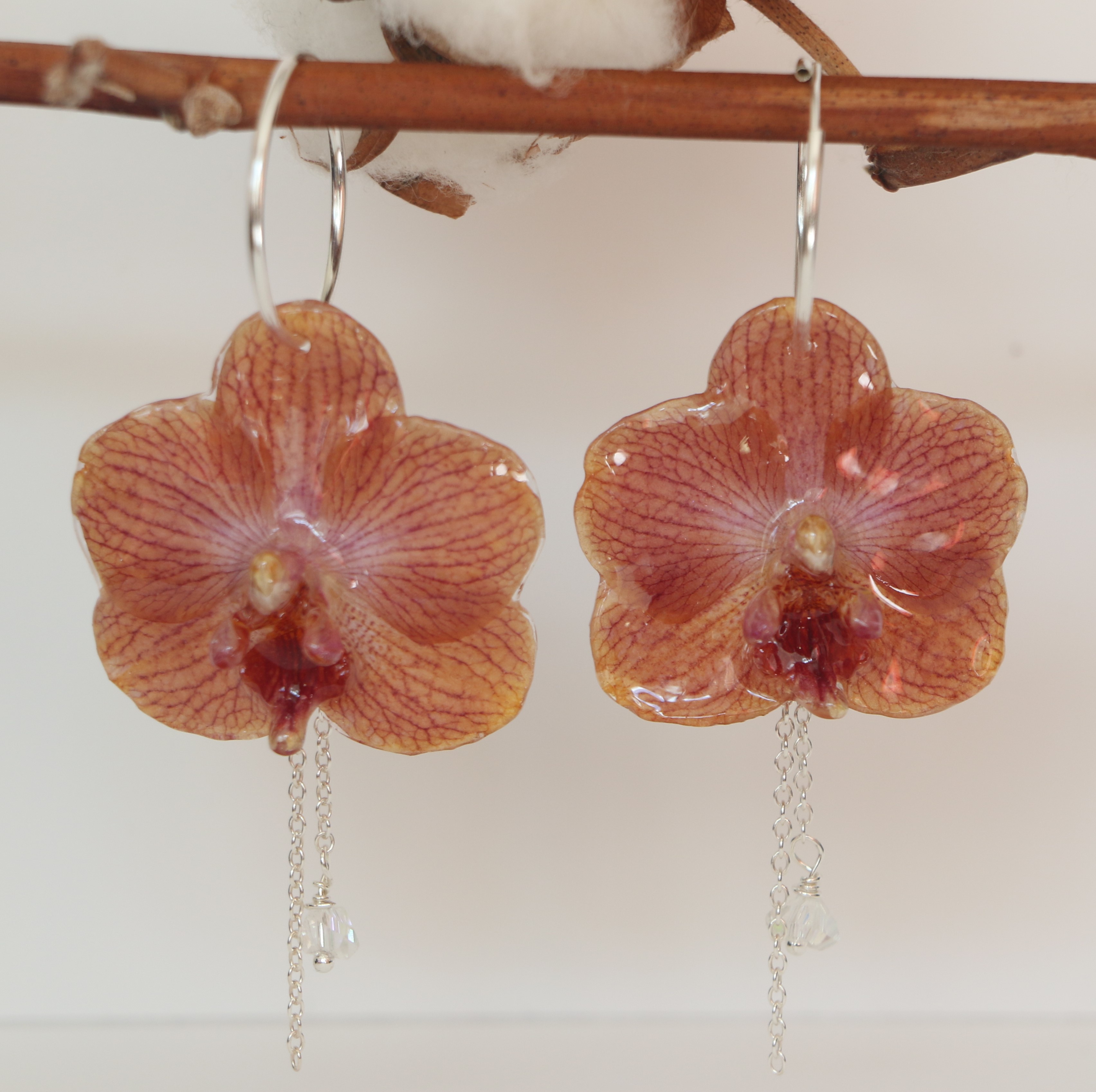 Boucles d'oreilles Orchidée Rose tigrée Créoles 20 mm Argent 925