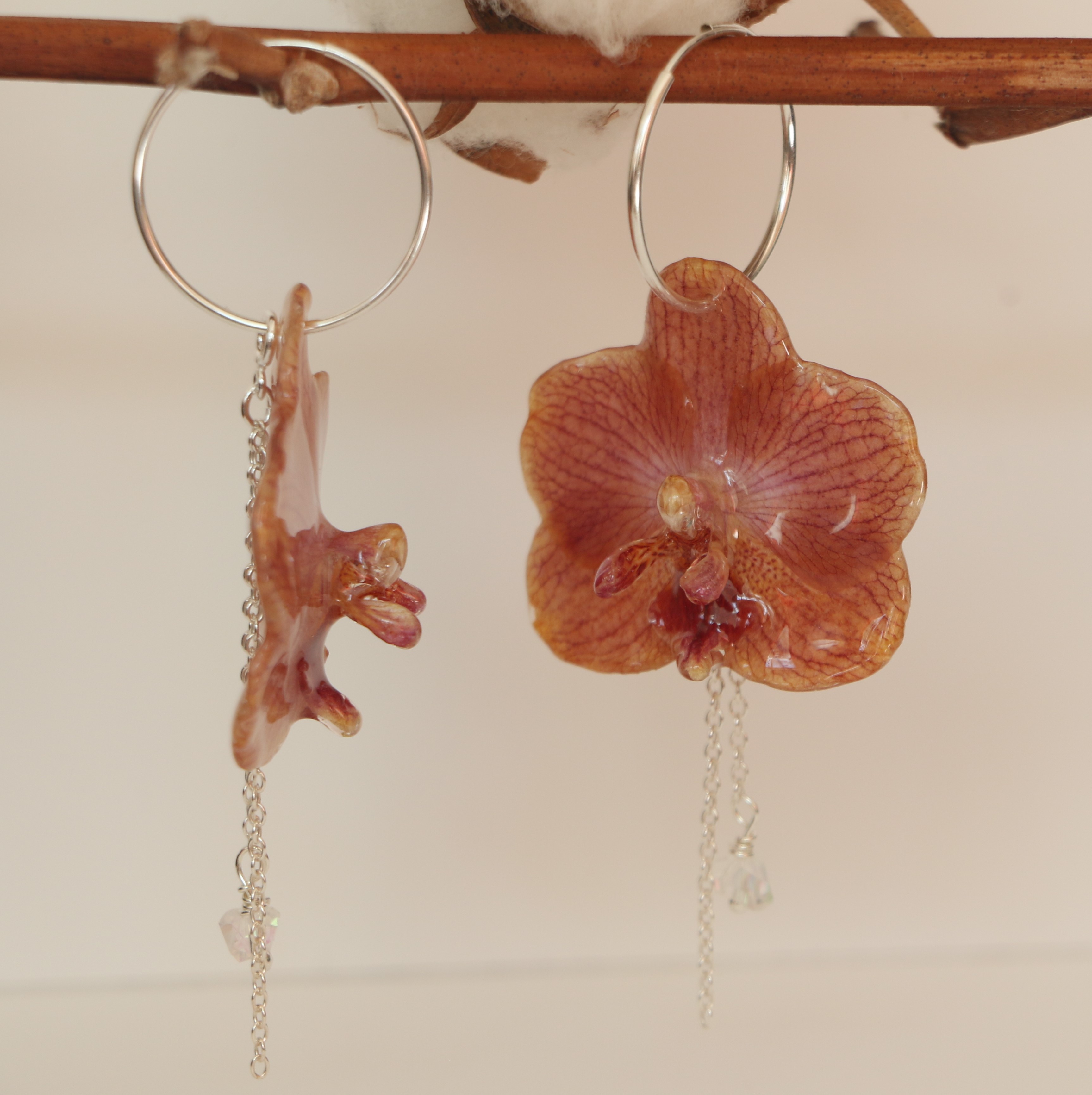 Boucles d'oreilles Orchidée Rose tigrée Créoles 20 mm Argent 925