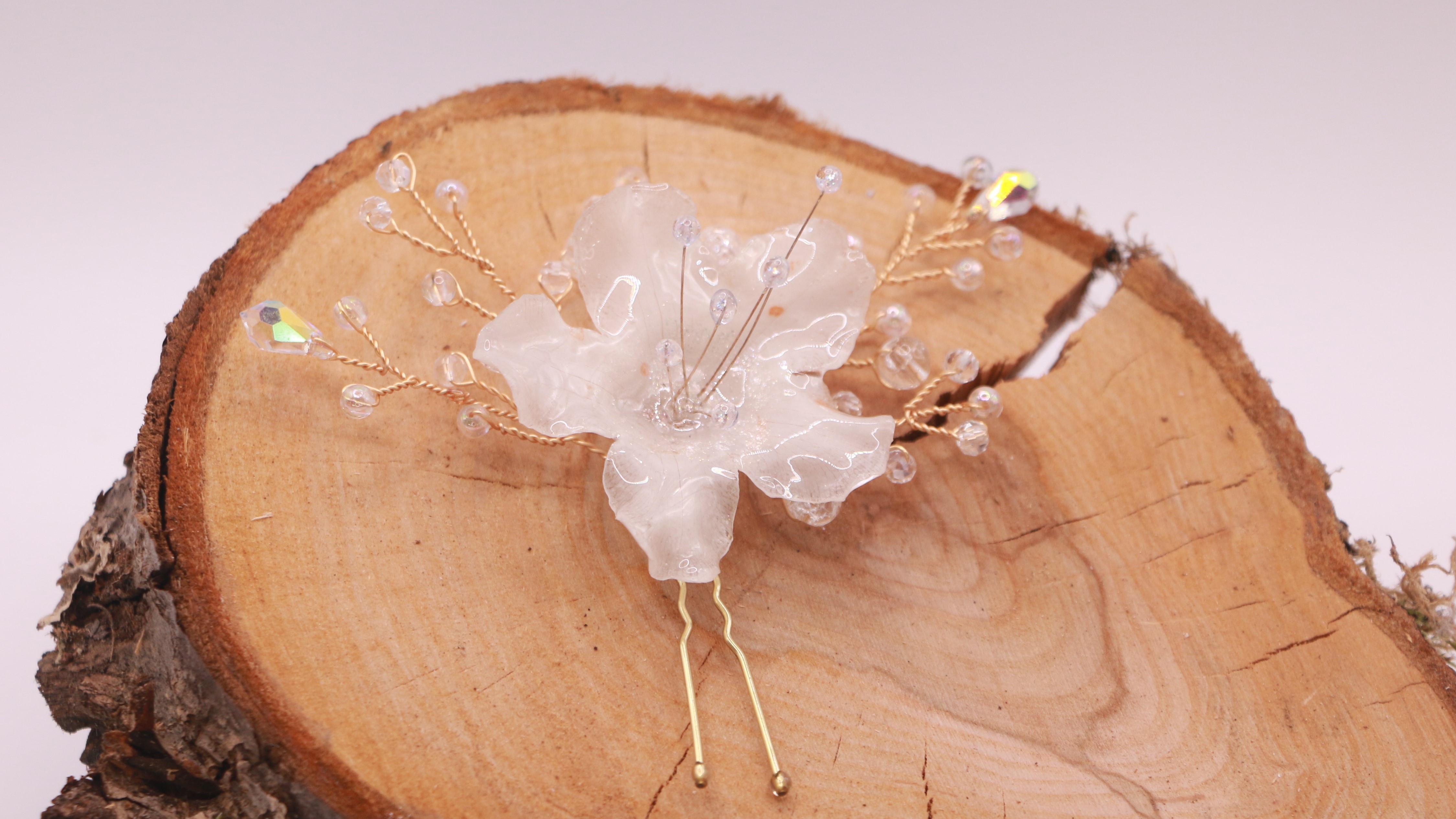 Epingle à cheveux Rhododendron Blanc et Cristaux