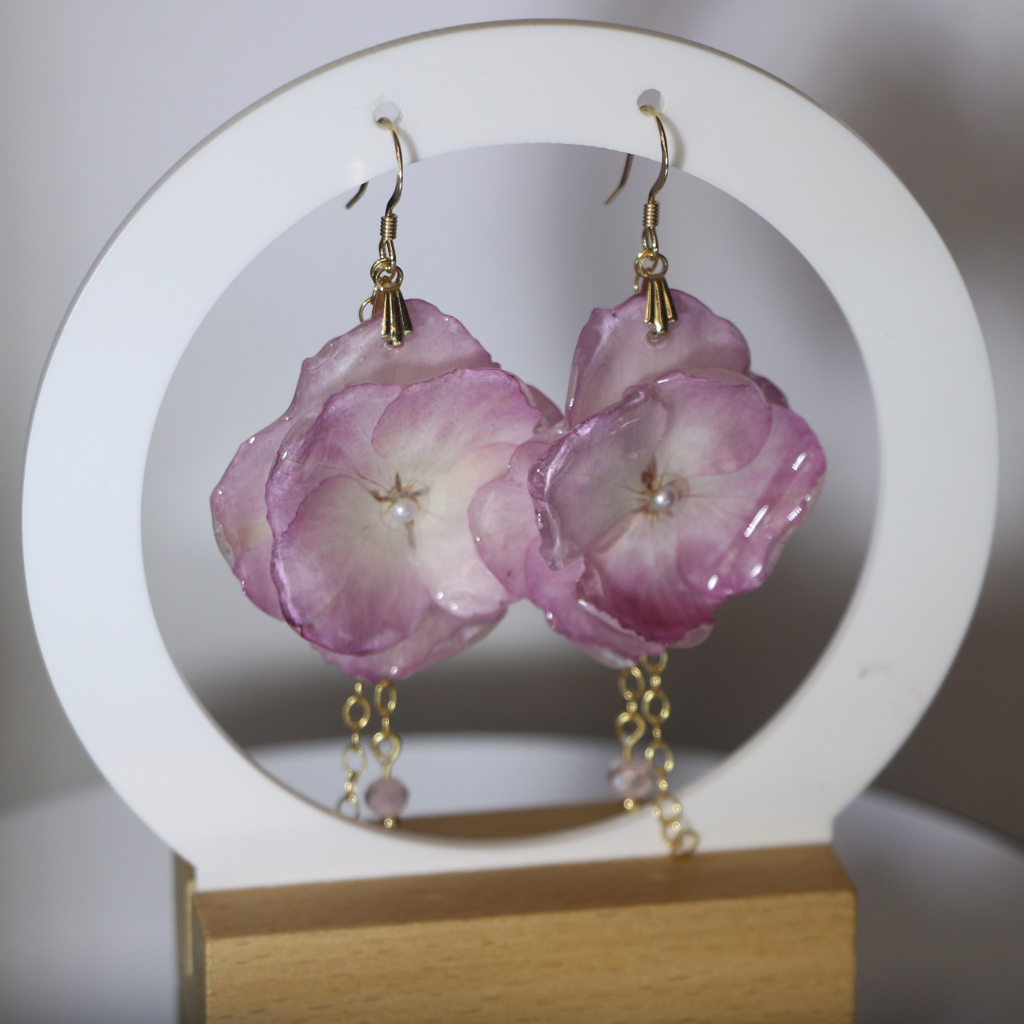 Boucles d'oreilles Hortensia rosé doublé crochet gold-filled 14k