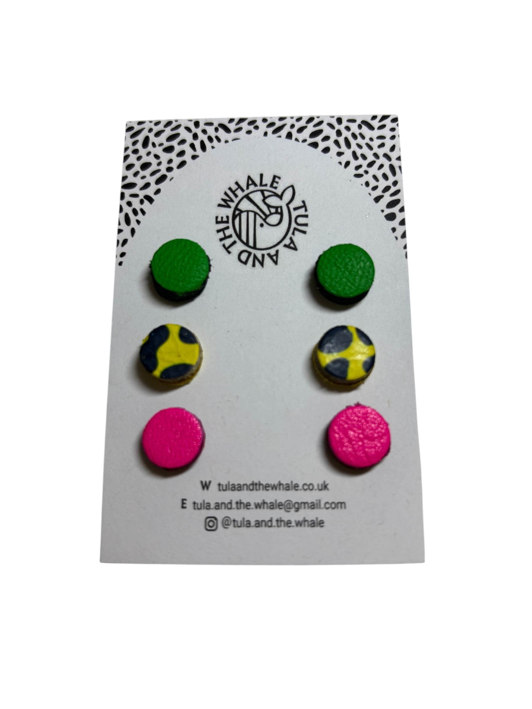 MINI STUD SET - GREEN, YELLOW SPOTTY AND NEON PINK