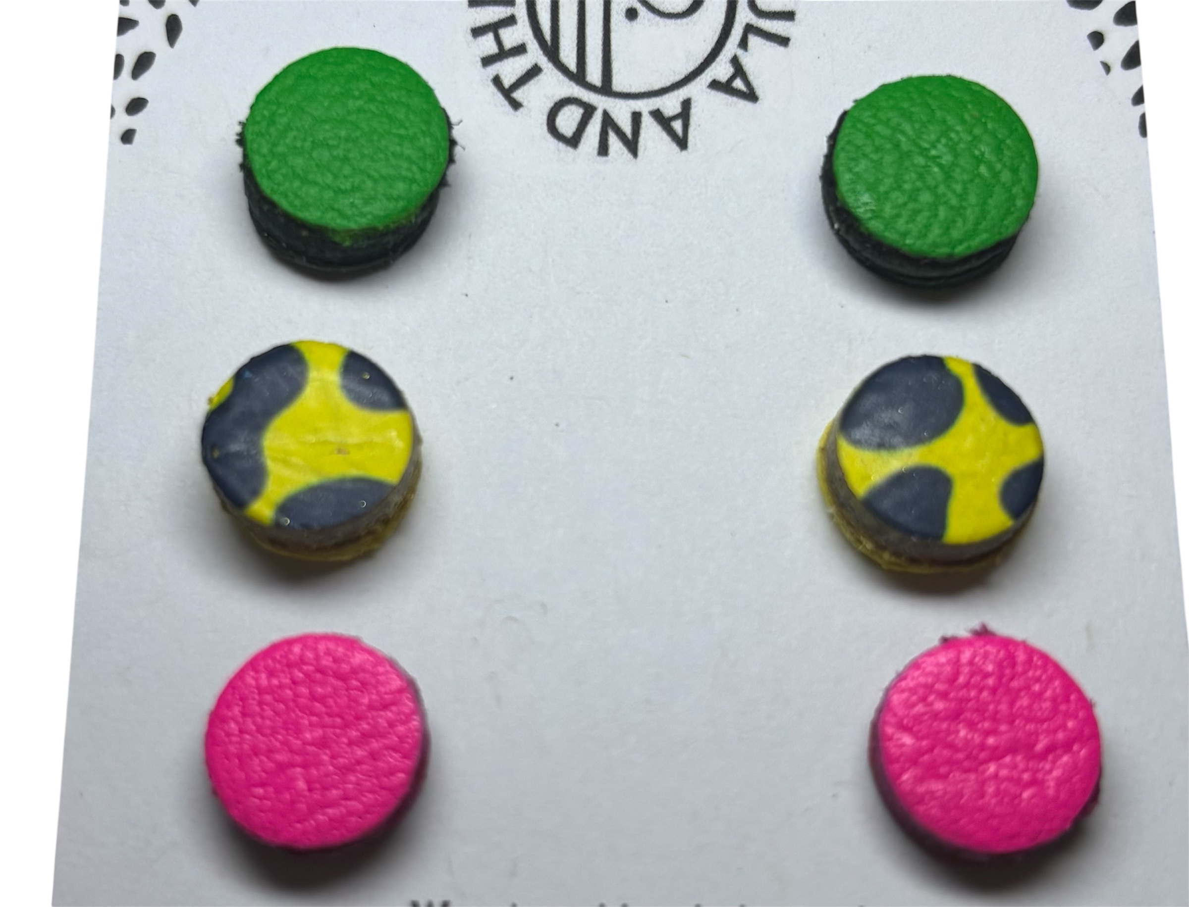 MINI STUD SET - GREEN, YELLOW SPOTTY AND NEON PINK