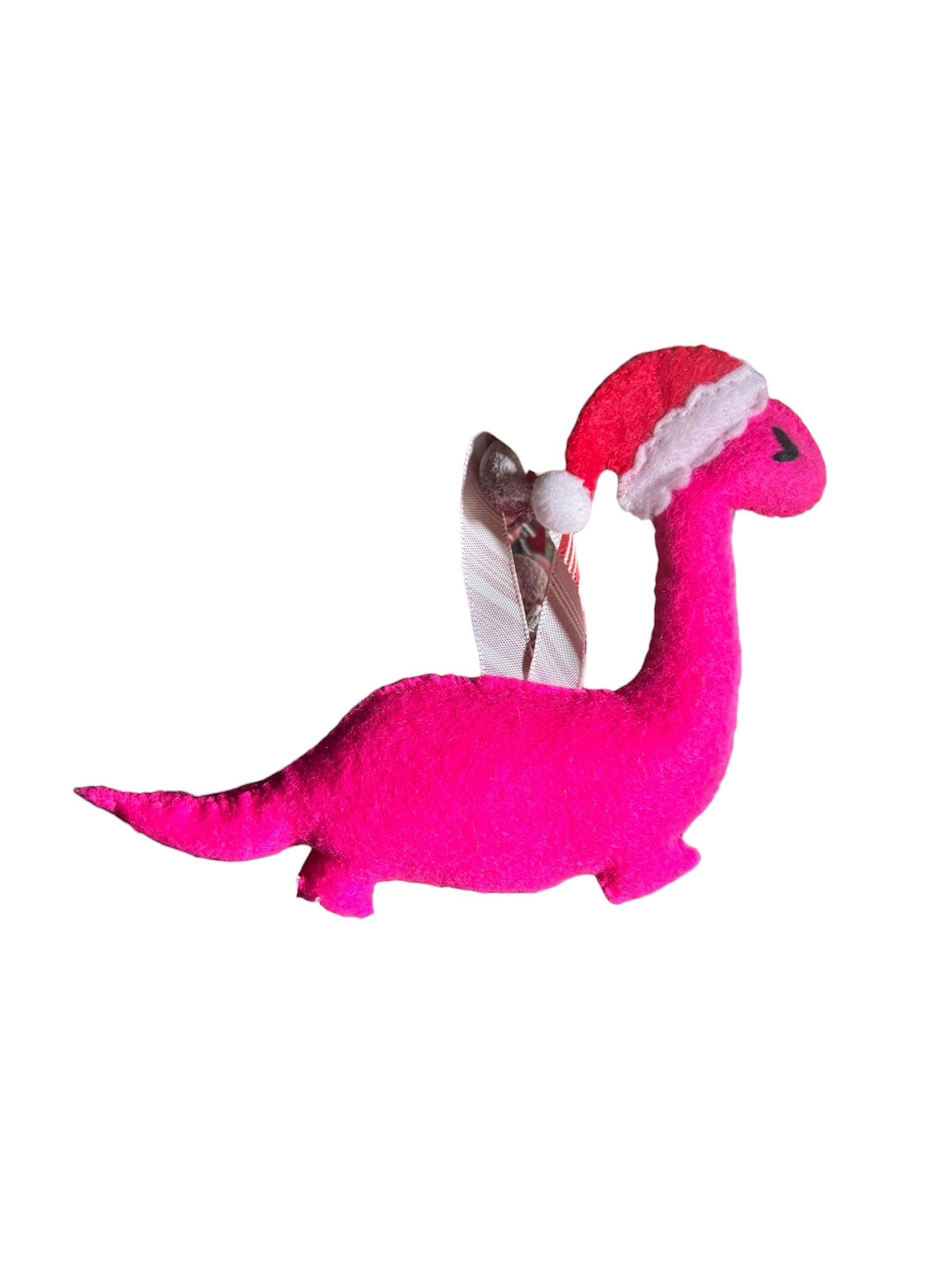 Handmade felt Christmas Dinosaur with Santa hat on.