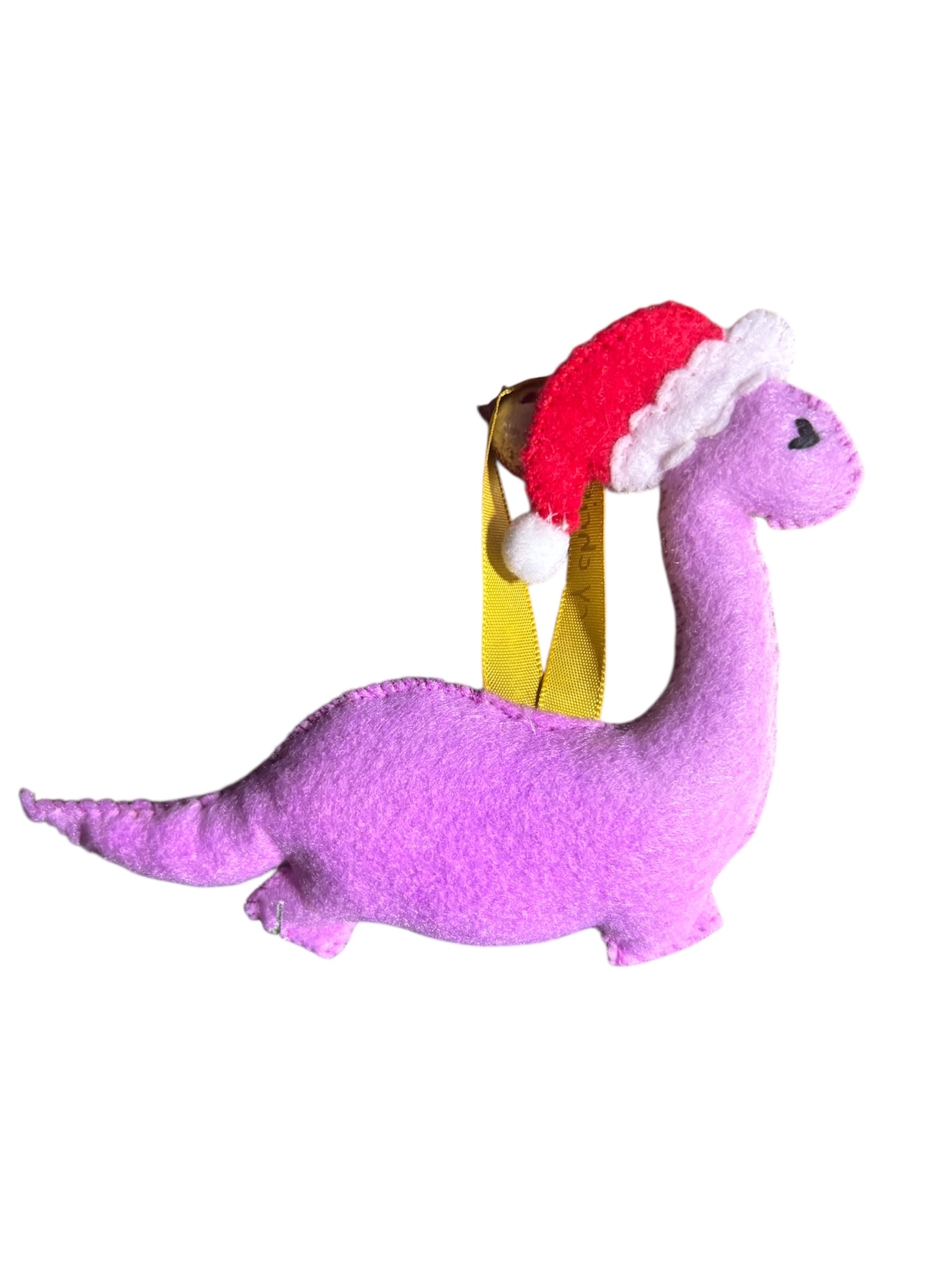 Handmade felt Christmas Dinosaur with Santa hat on.