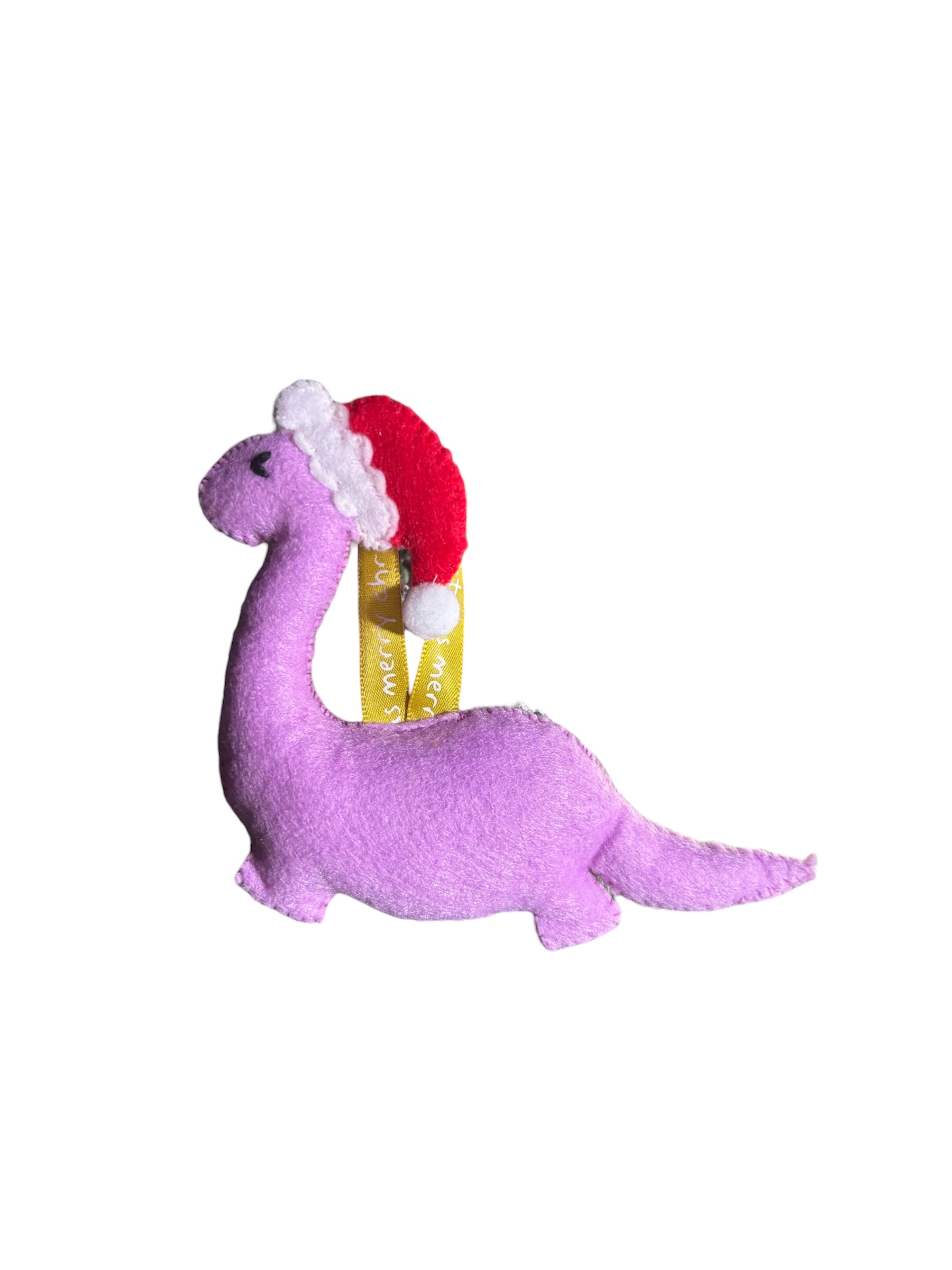 Handmade felt Christmas Dinosaur with Santa hat on.