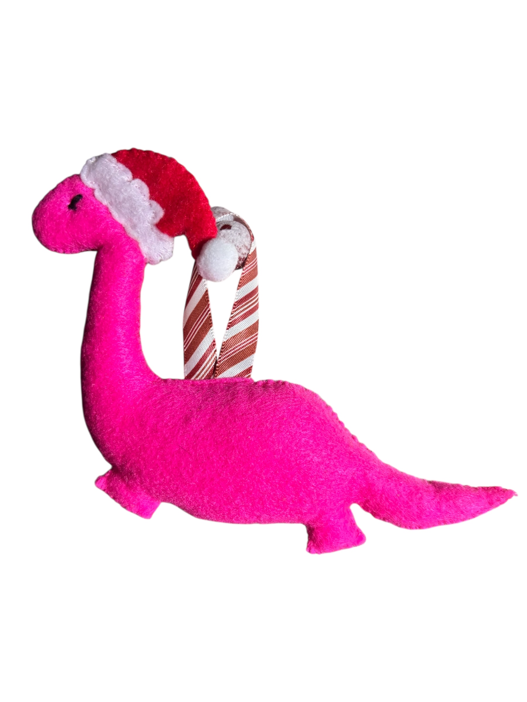 Handmade felt Christmas Dinosaur with Santa hat on.
