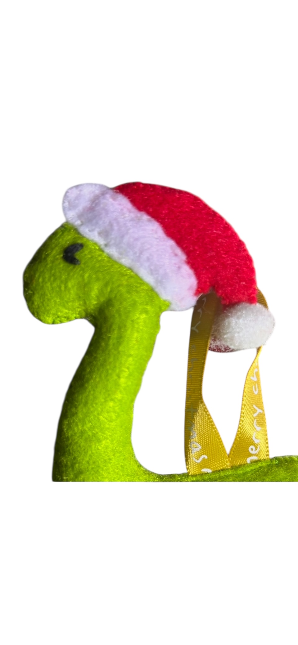 Handmade felt Christmas Dinosaur with Santa hat on.