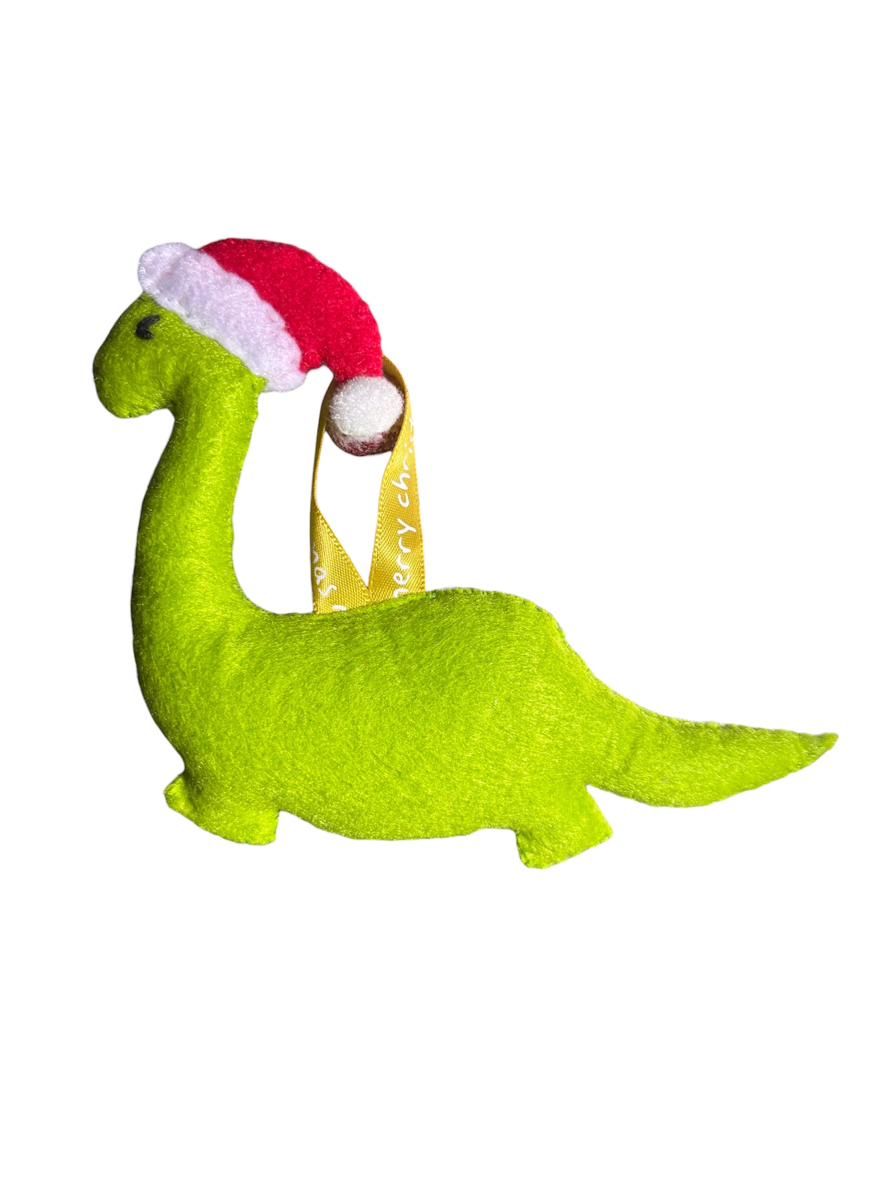 Handmade felt Christmas Dinosaur with Santa hat on.