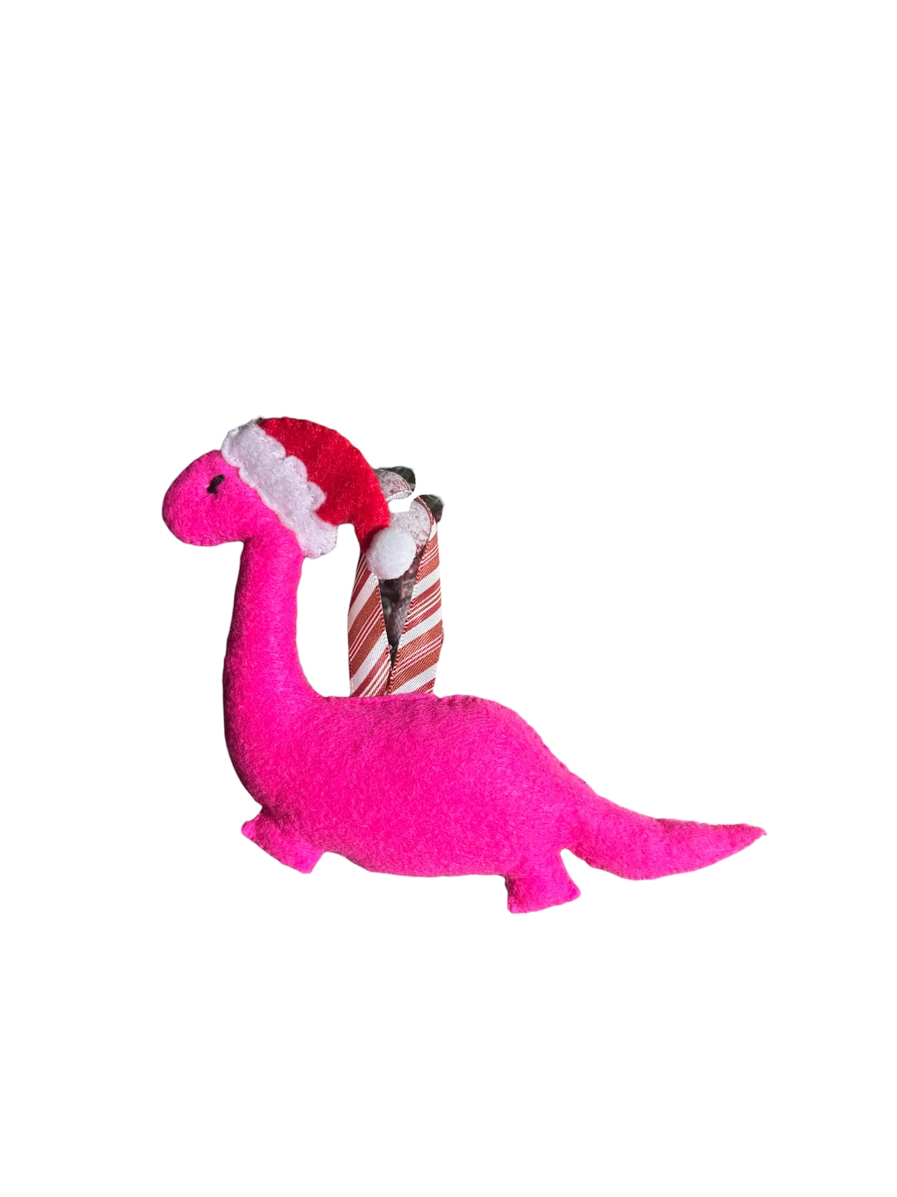 Handmade felt Christmas Dinosaur with Santa hat on.