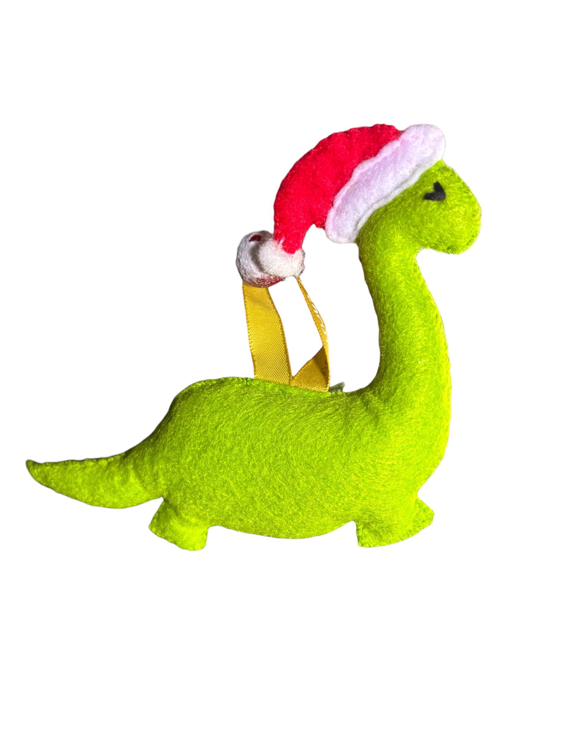 Handmade felt Christmas Dinosaur with Santa hat on.