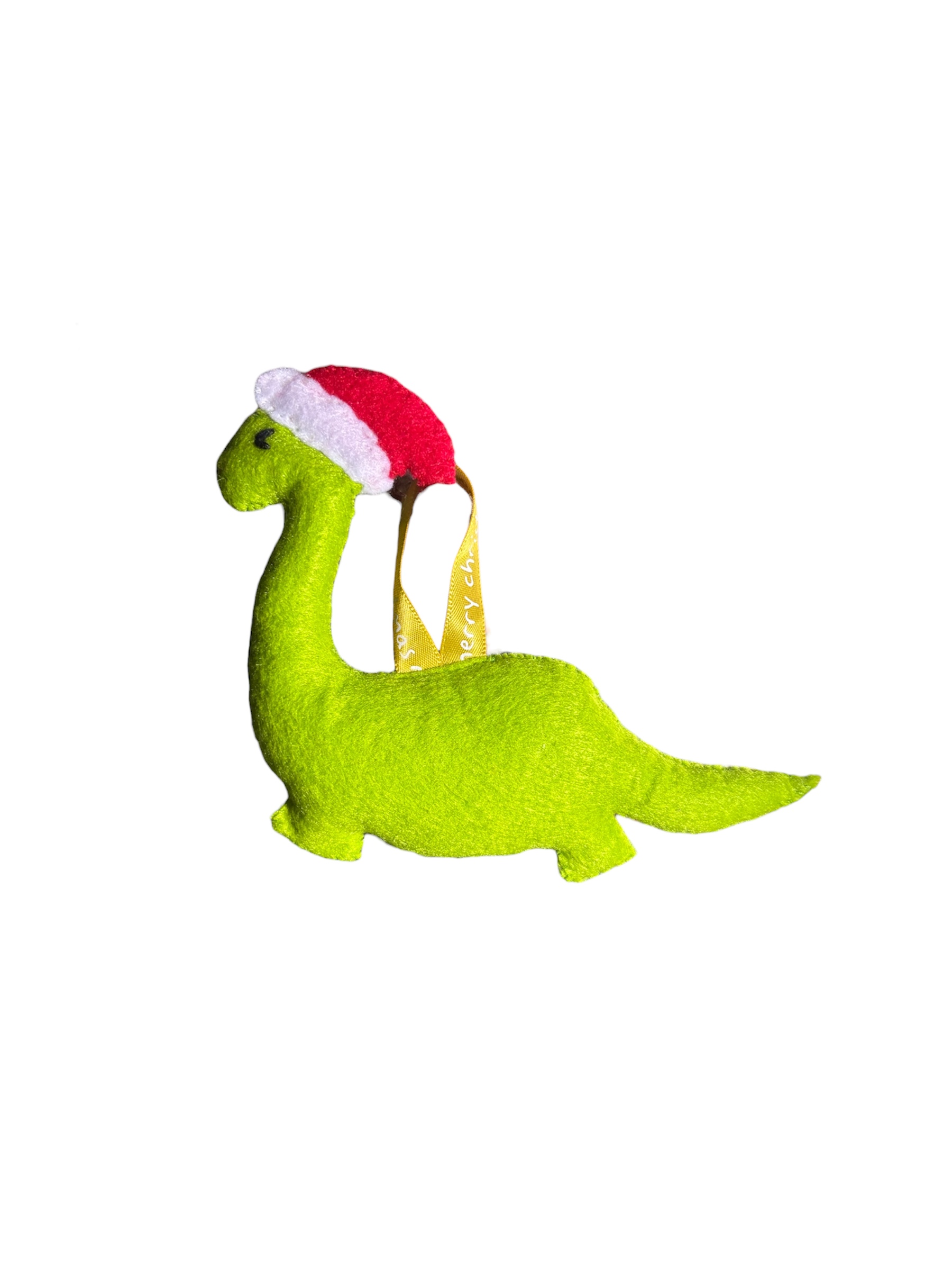 Handmade felt Christmas Dinosaur with Santa hat on.
