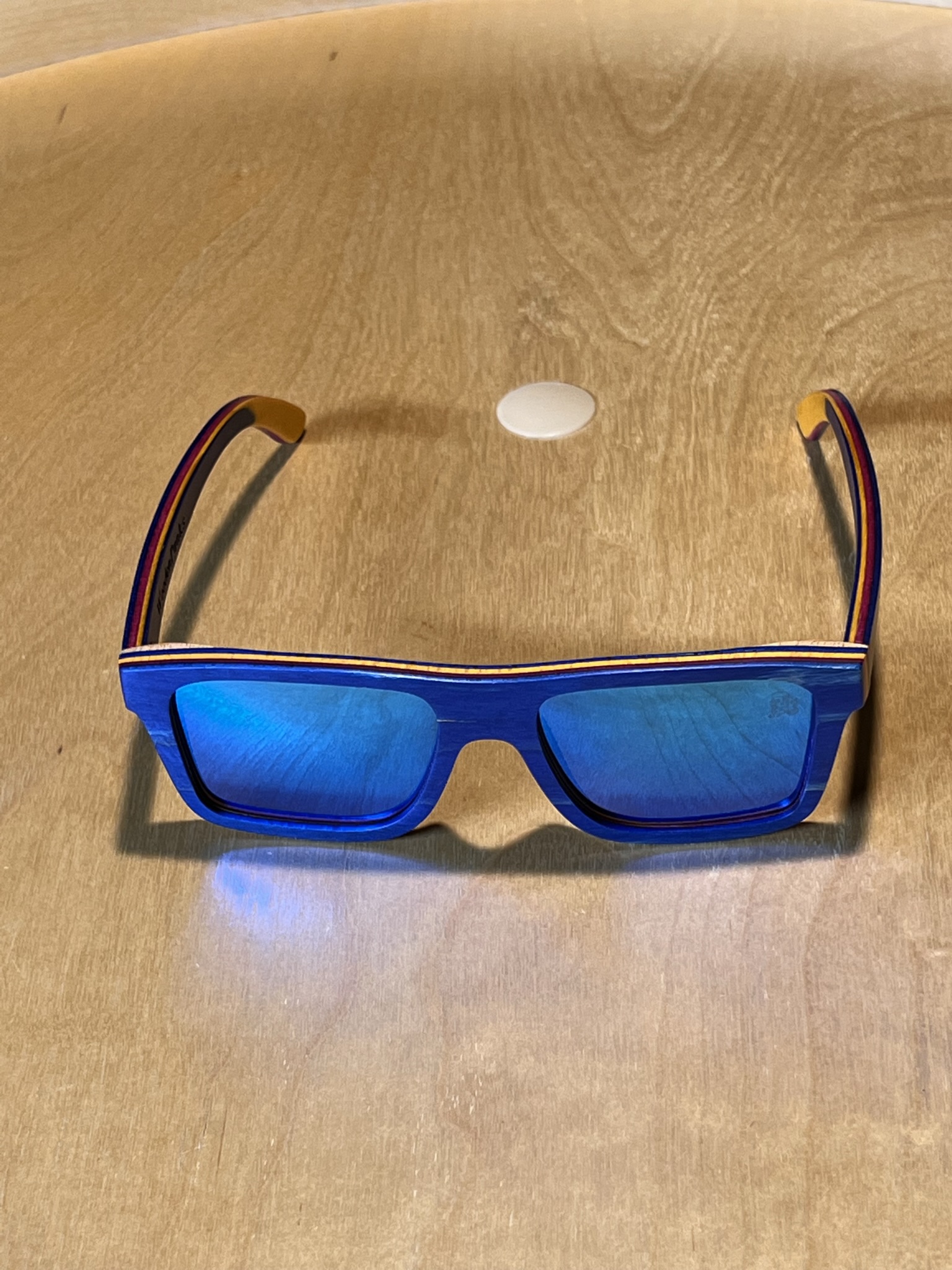 Multicolored Skateboard Wood Polarized Blue Lens Sunglasses